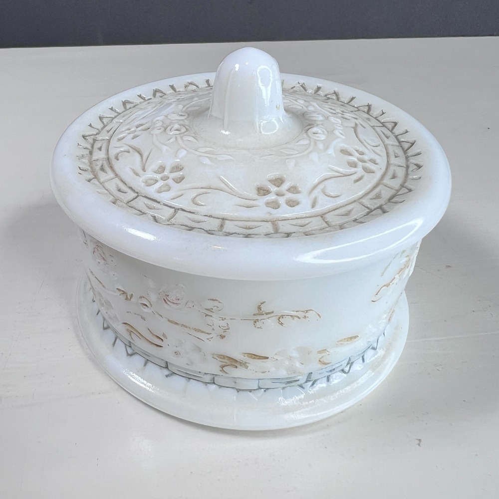 Vintage Milk Glass Vanity Jar w Lid Trinket Powder Dish